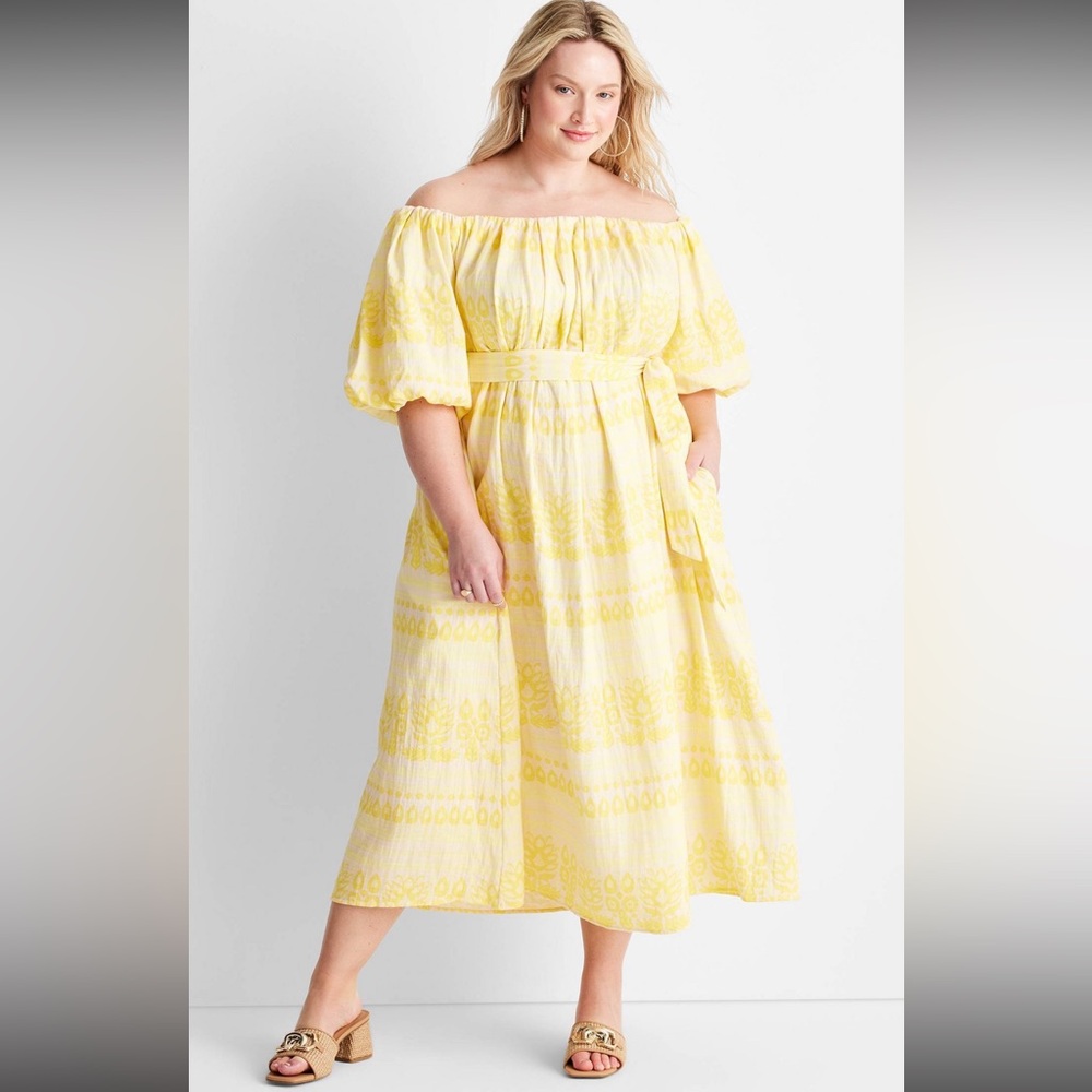 Women's Floral Print Off the Shoulder Puff Sleeve Midi Dress - Future Collective